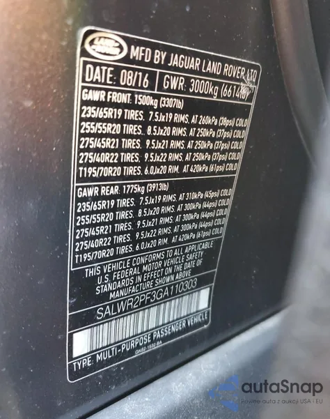 2016 Land Rover Range Rover Sport Hse z USA, uszkodzony, nr VIN SALWR2PF3GA110303